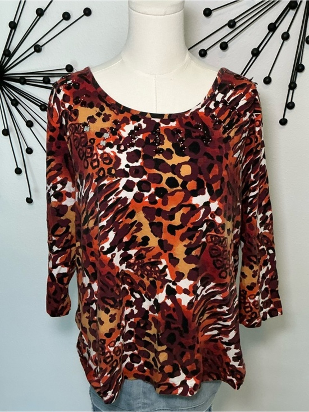 Choices XL Animal Print Embellished Top Red Orange 3/4 Sleeve